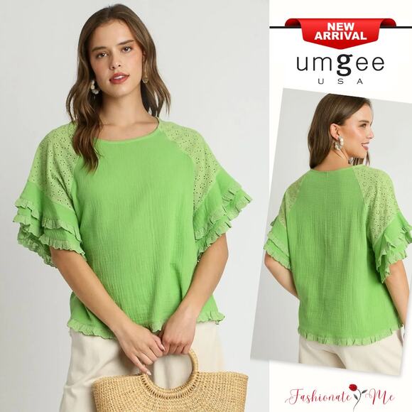 Umgee Cotton Gauze Round Neck Ruffle Eyelet Layered Sleeves Flowy Blouse | Lime - Picture 1 of 6